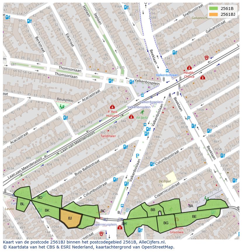 Afbeelding van het postcodegebied 2561 BJ op de kaart.