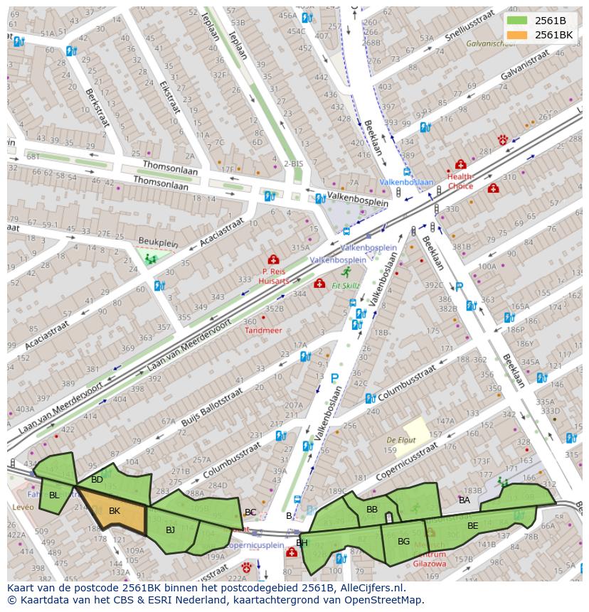 Afbeelding van het postcodegebied 2561 BK op de kaart.