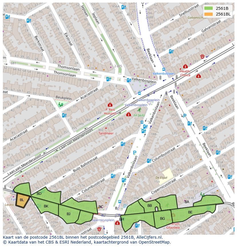 Afbeelding van het postcodegebied 2561 BL op de kaart.