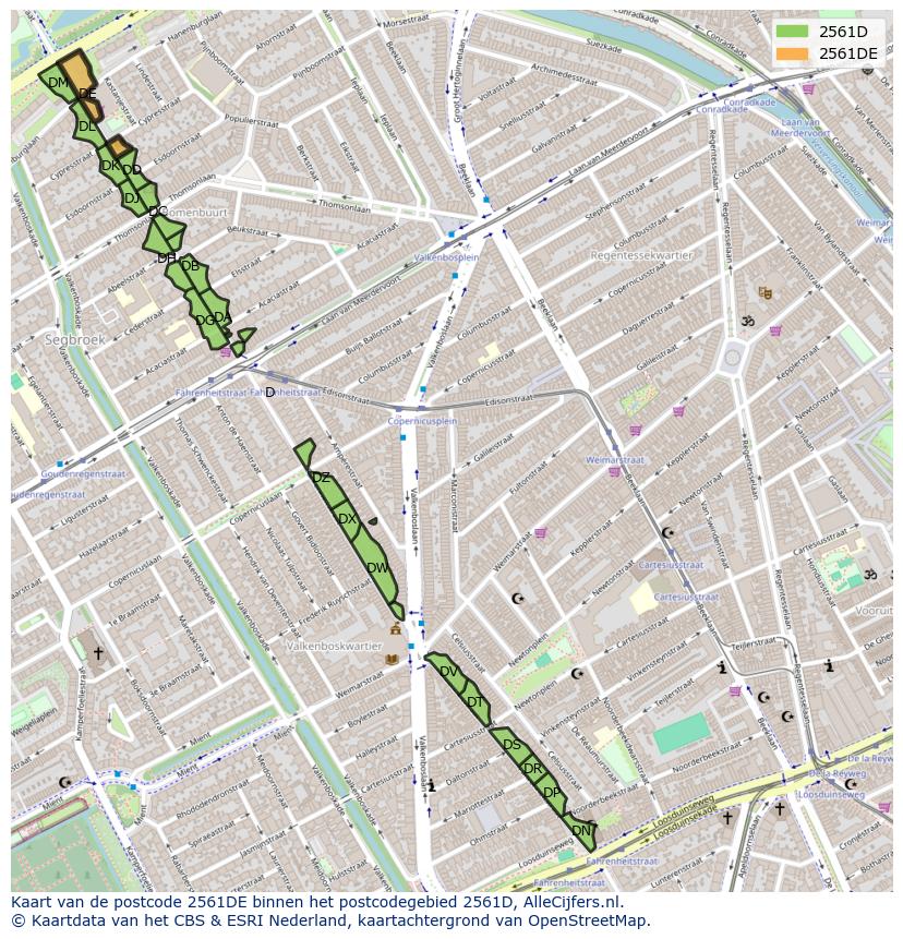 Afbeelding van het postcodegebied 2561 DE op de kaart.