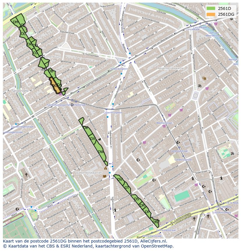 Afbeelding van het postcodegebied 2561 DG op de kaart.