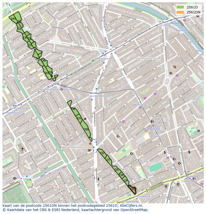 Afbeelding van het postcodegebied 2561 DN op de kaart.
