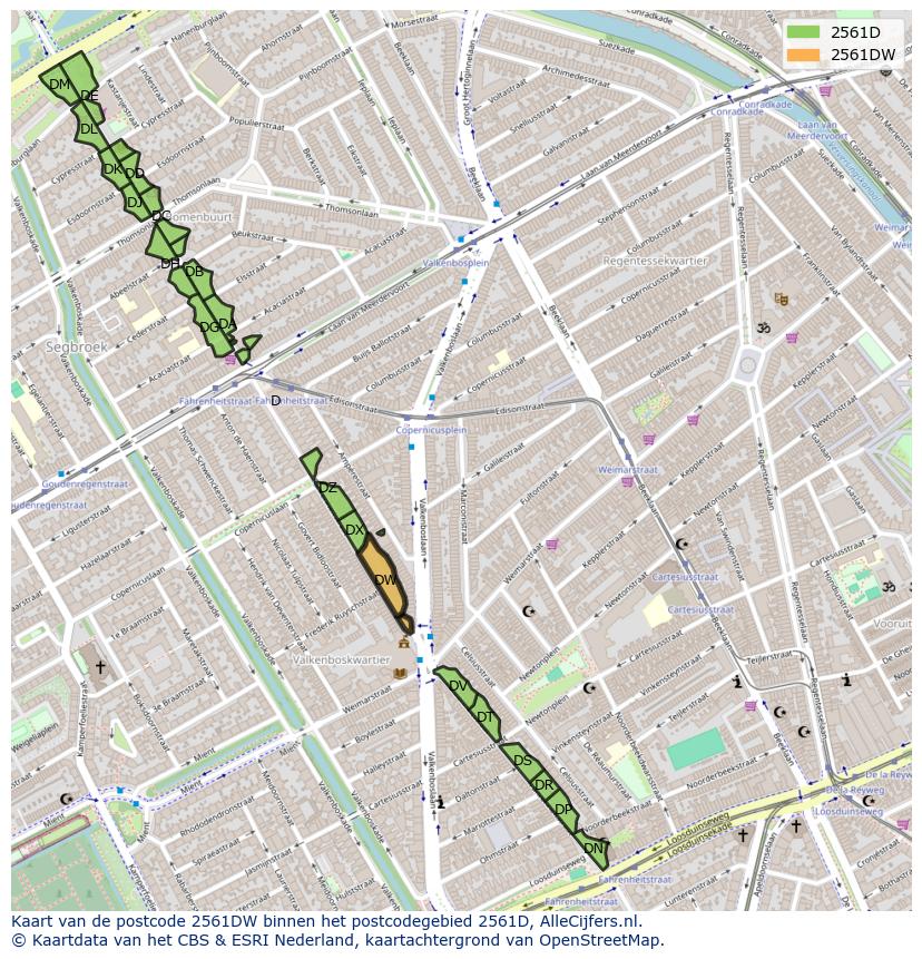 Afbeelding van het postcodegebied 2561 DW op de kaart.