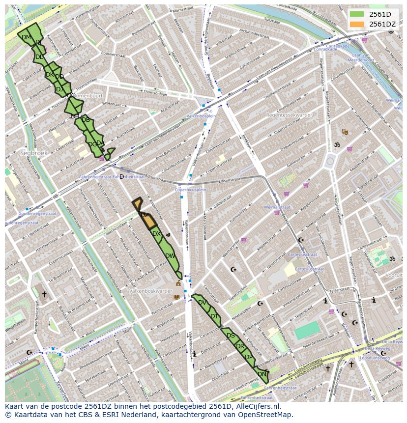 Afbeelding van het postcodegebied 2561 DZ op de kaart.