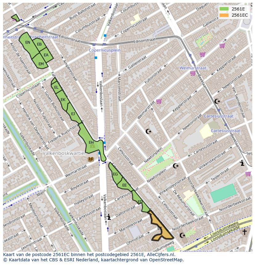 Afbeelding van het postcodegebied 2561 EC op de kaart.