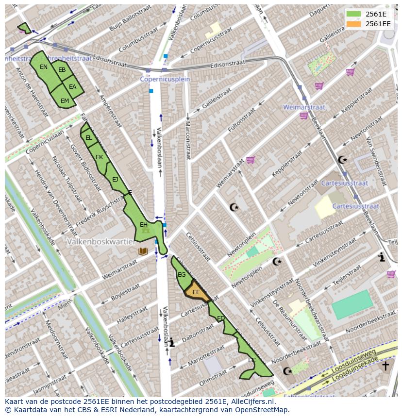 Afbeelding van het postcodegebied 2561 EE op de kaart.