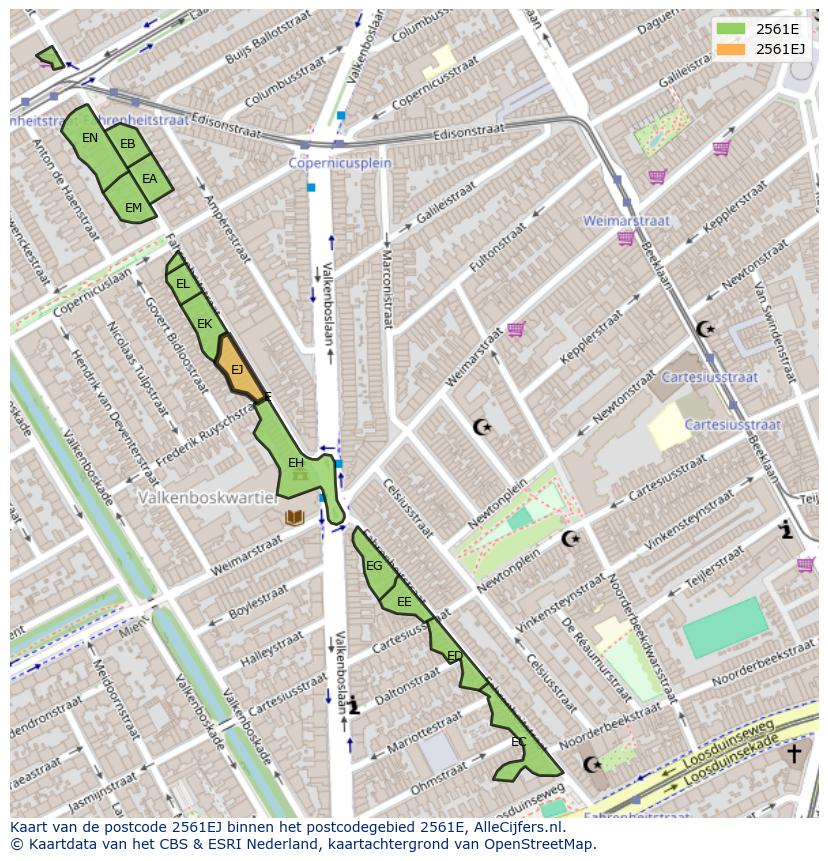 Afbeelding van het postcodegebied 2561 EJ op de kaart.