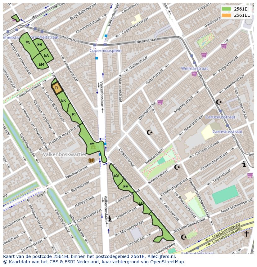 Afbeelding van het postcodegebied 2561 EL op de kaart.