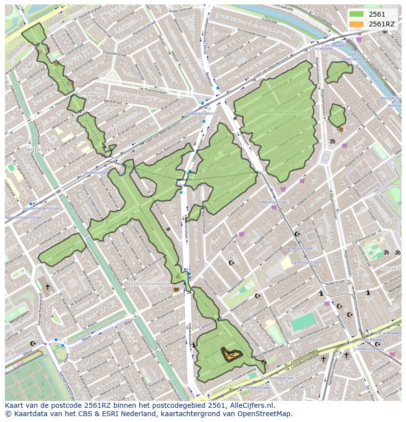 Afbeelding van het postcodegebied 2561 RZ op de kaart.