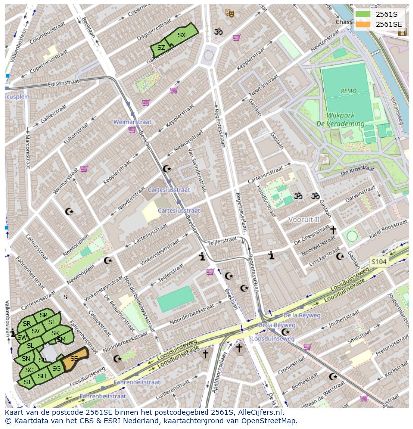 Afbeelding van het postcodegebied 2561 SE op de kaart.