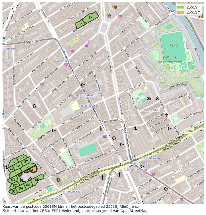 Afbeelding van het postcodegebied 2561 SM op de kaart.