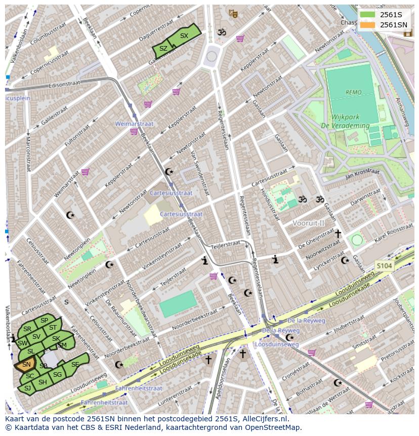 Afbeelding van het postcodegebied 2561 SN op de kaart.