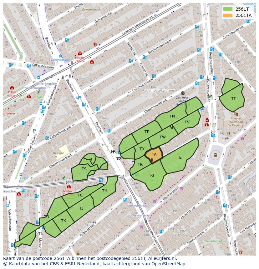 Afbeelding van het postcodegebied 2561 TA op de kaart.