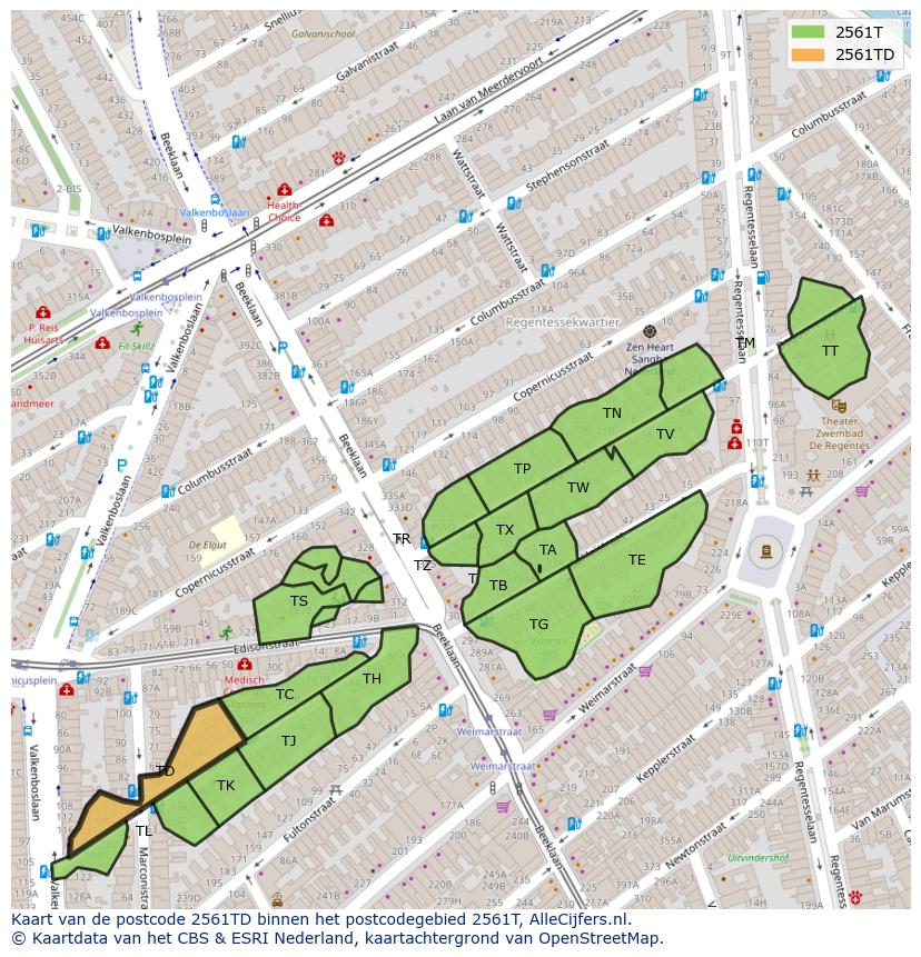 Afbeelding van het postcodegebied 2561 TD op de kaart.