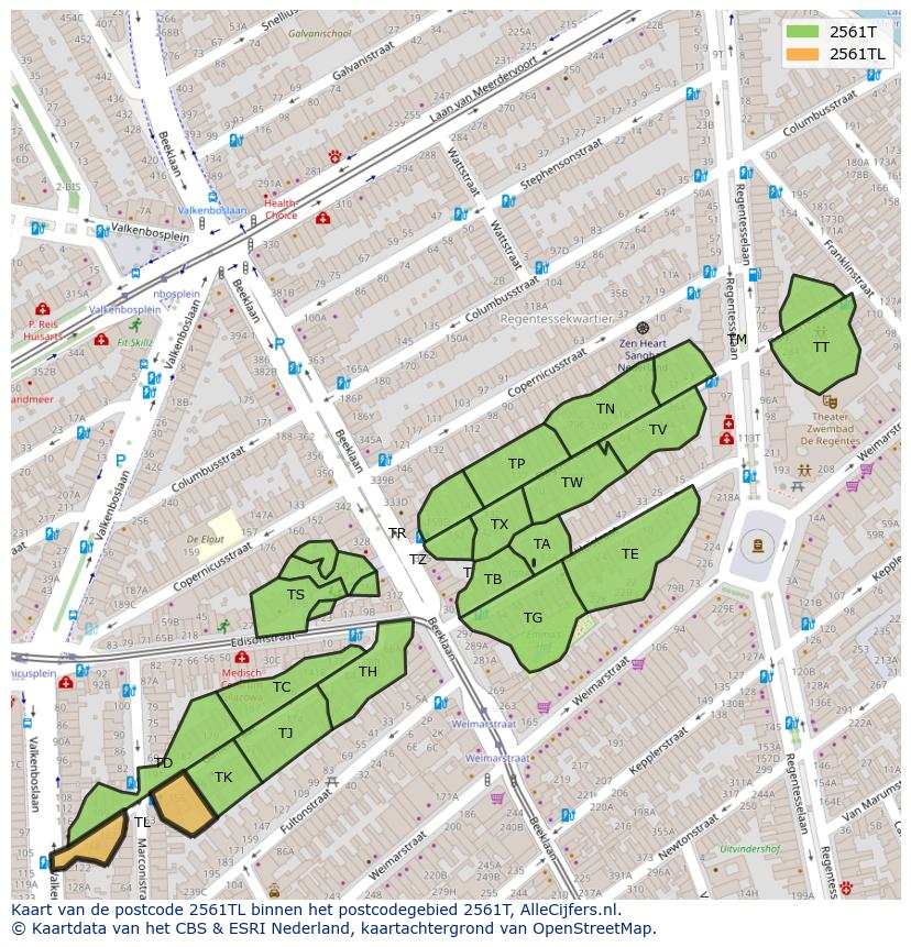 Afbeelding van het postcodegebied 2561 TL op de kaart.