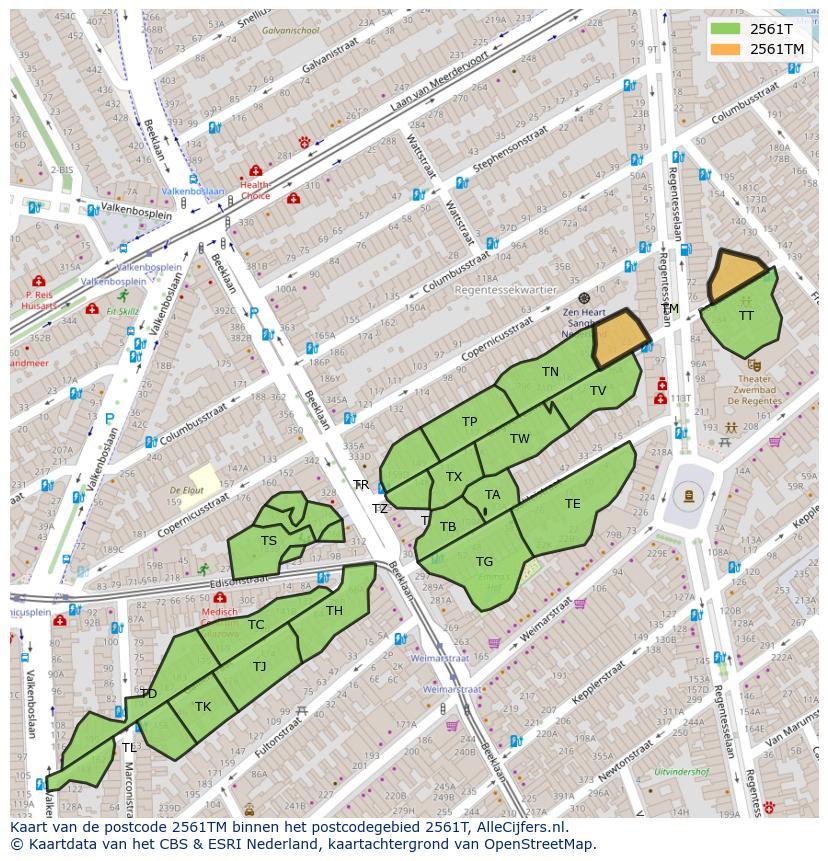 Afbeelding van het postcodegebied 2561 TM op de kaart.