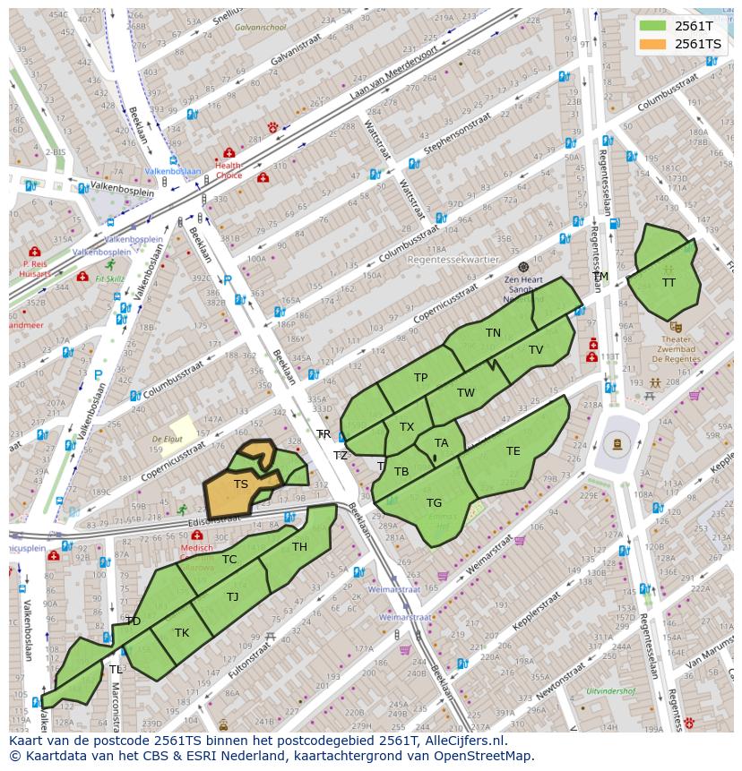 Afbeelding van het postcodegebied 2561 TS op de kaart.
