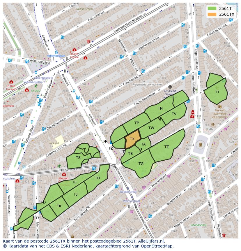 Afbeelding van het postcodegebied 2561 TX op de kaart.