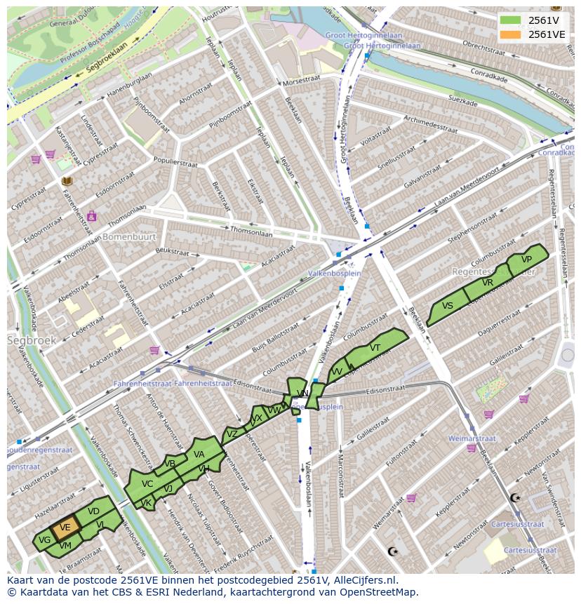 Afbeelding van het postcodegebied 2561 VE op de kaart.