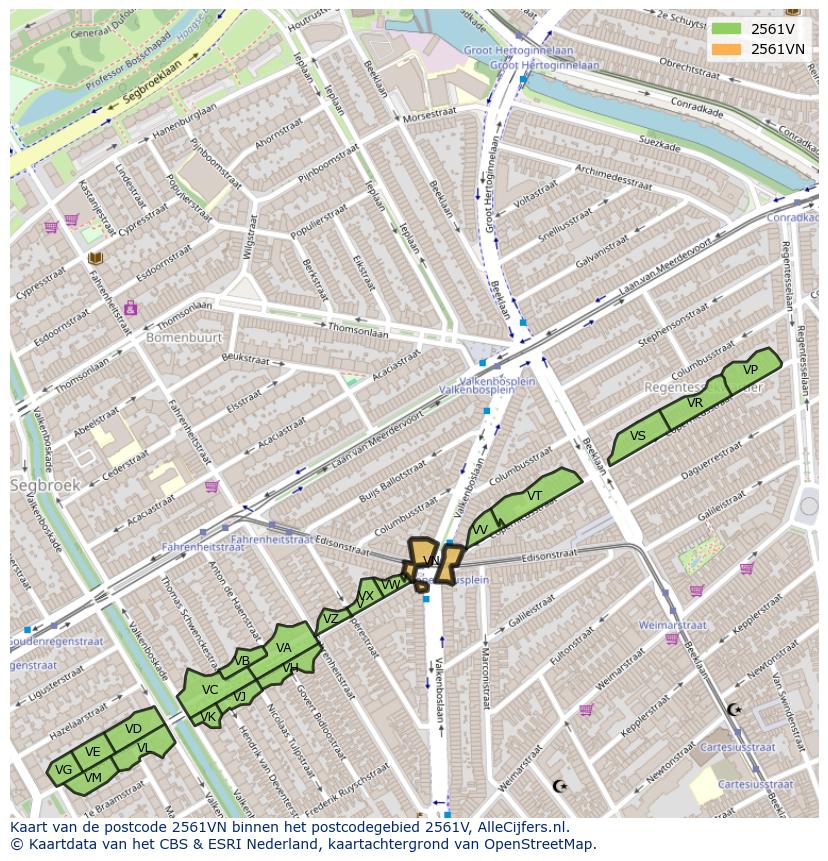 Afbeelding van het postcodegebied 2561 VN op de kaart.