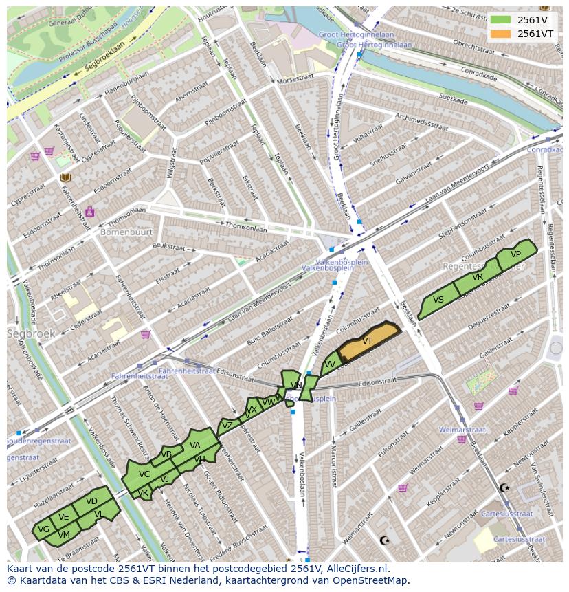 Afbeelding van het postcodegebied 2561 VT op de kaart.