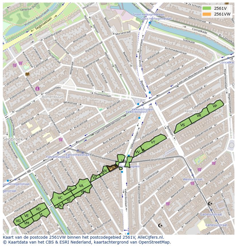 Afbeelding van het postcodegebied 2561 VW op de kaart.