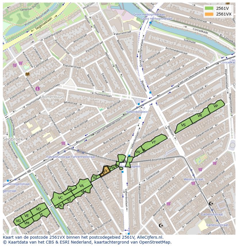 Afbeelding van het postcodegebied 2561 VX op de kaart.