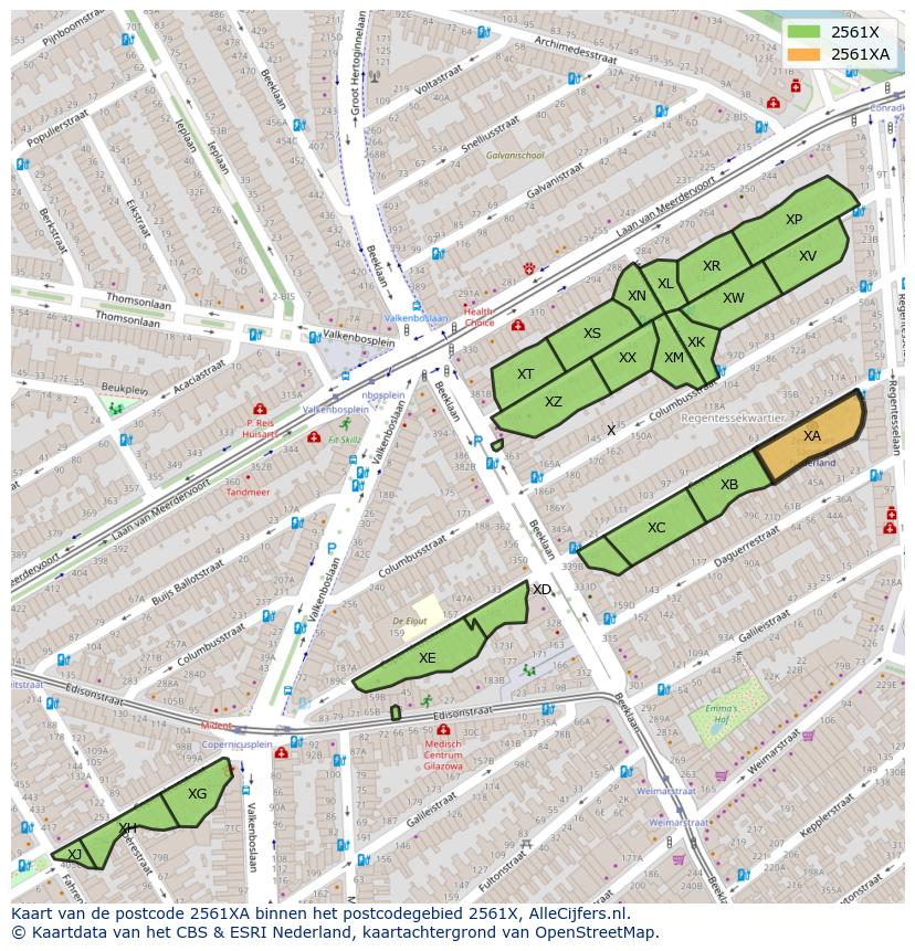 Afbeelding van het postcodegebied 2561 XA op de kaart.