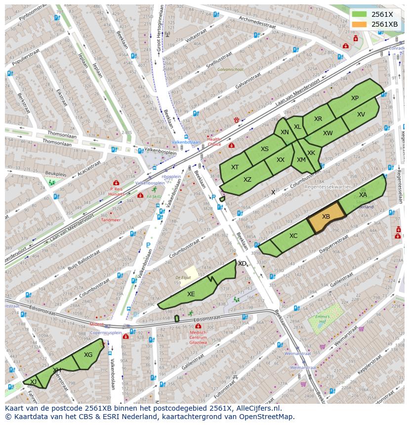 Afbeelding van het postcodegebied 2561 XB op de kaart.