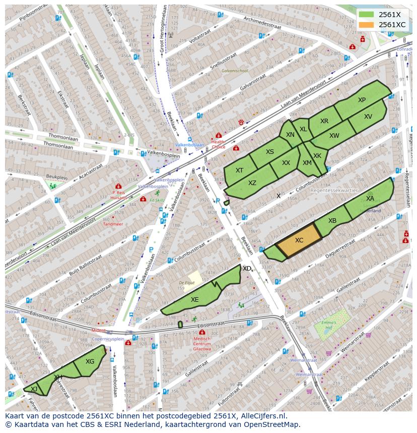 Afbeelding van het postcodegebied 2561 XC op de kaart.
