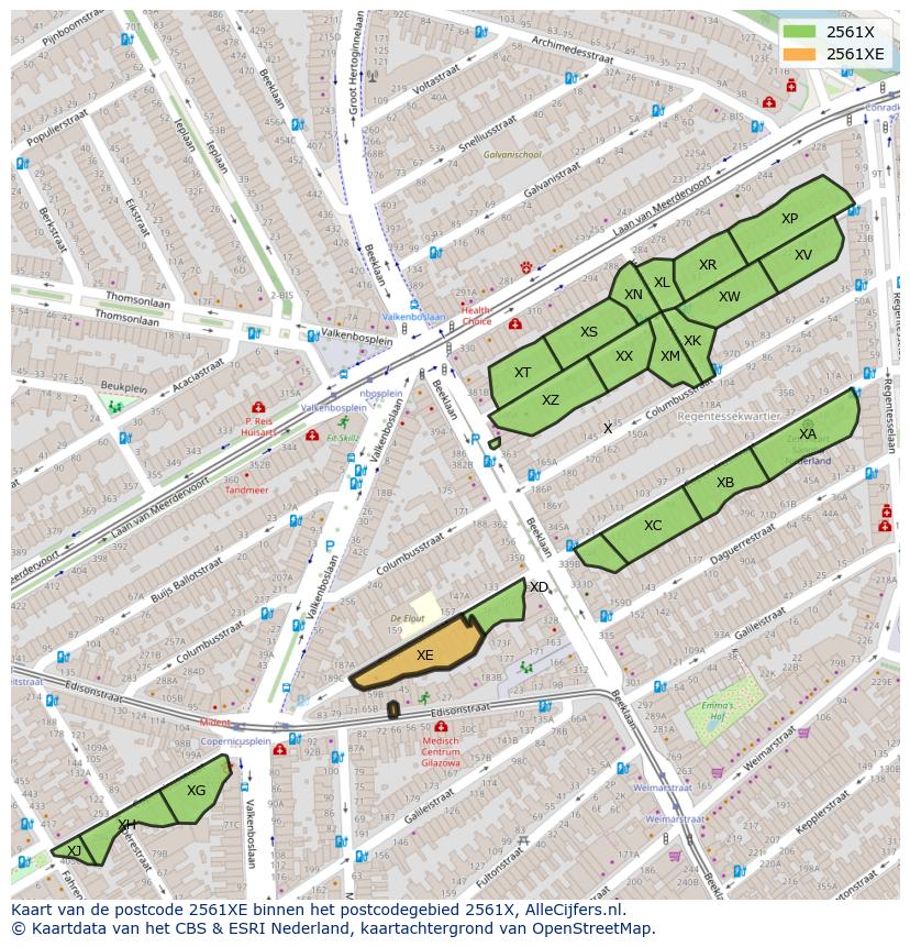 Afbeelding van het postcodegebied 2561 XE op de kaart.