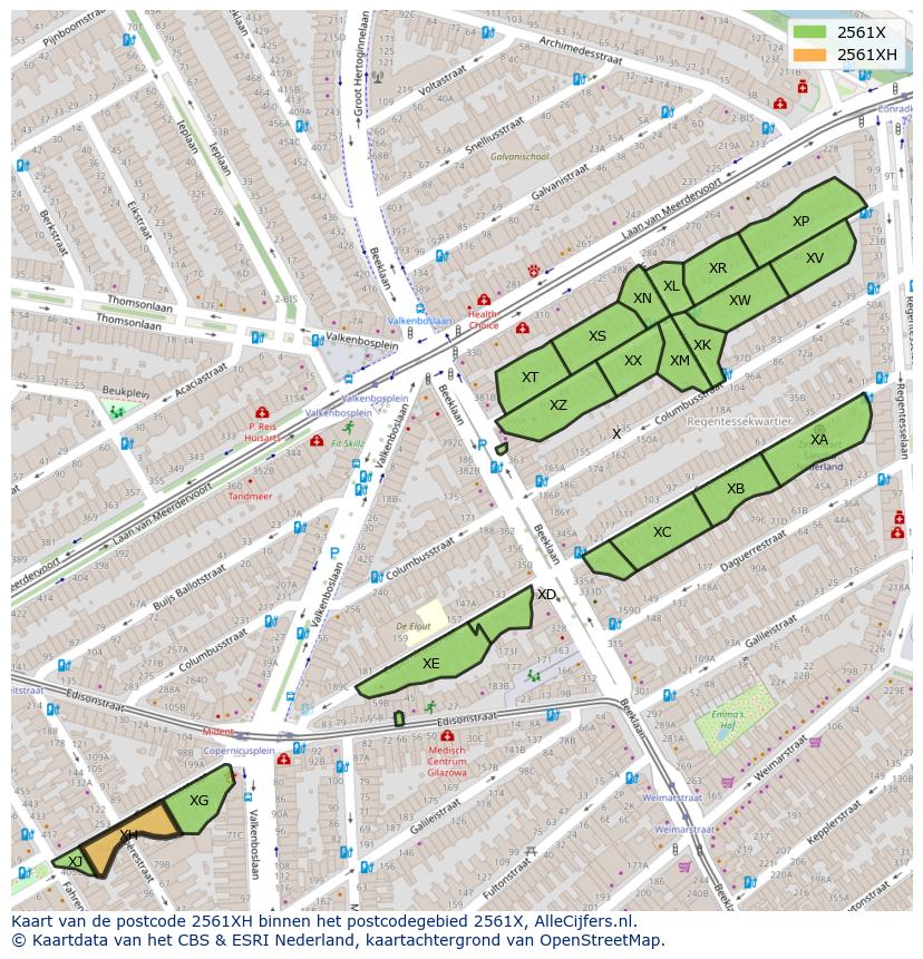 Afbeelding van het postcodegebied 2561 XH op de kaart.