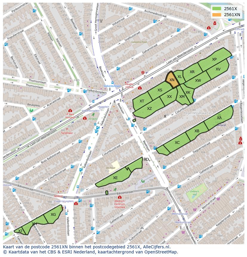 Afbeelding van het postcodegebied 2561 XN op de kaart.