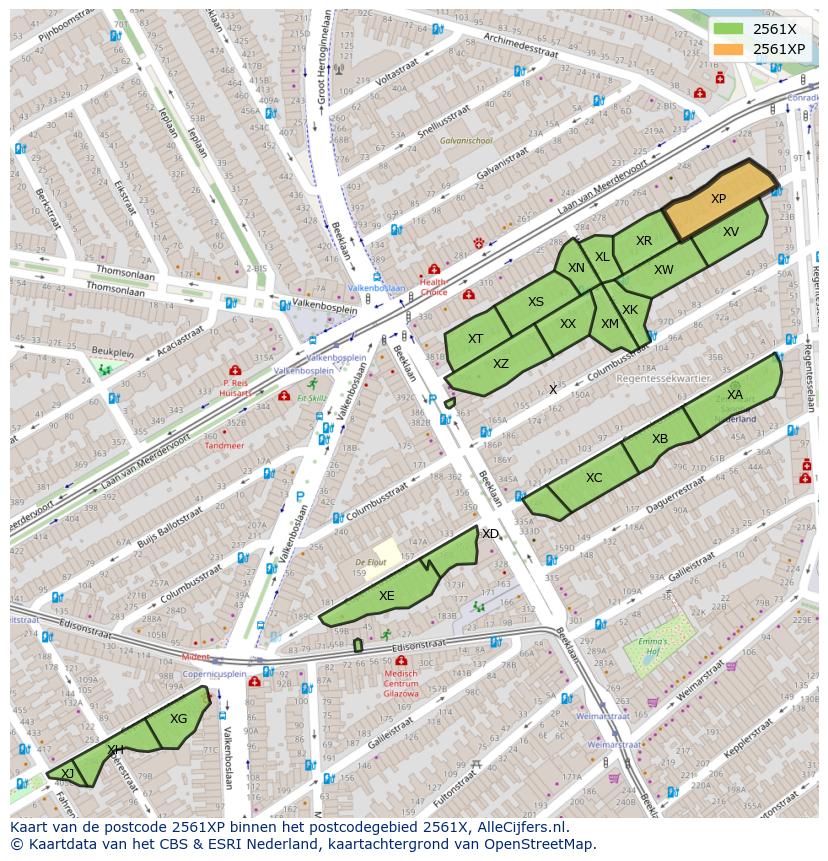 Afbeelding van het postcodegebied 2561 XP op de kaart.