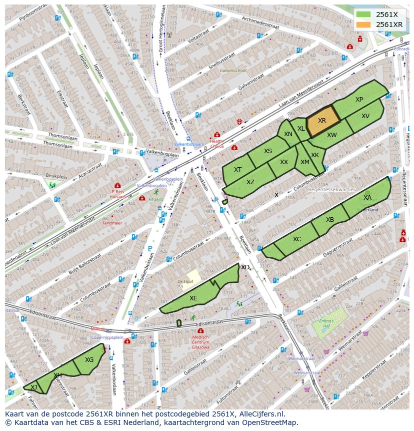 Afbeelding van het postcodegebied 2561 XR op de kaart.