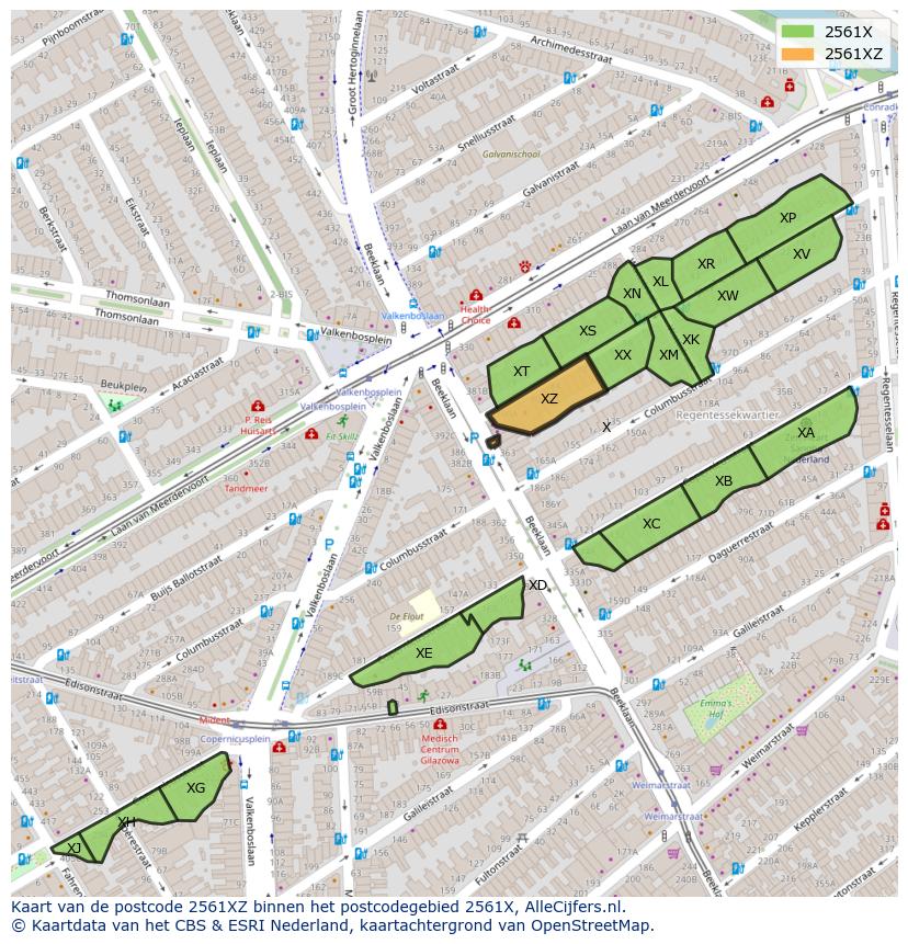 Afbeelding van het postcodegebied 2561 XZ op de kaart.
