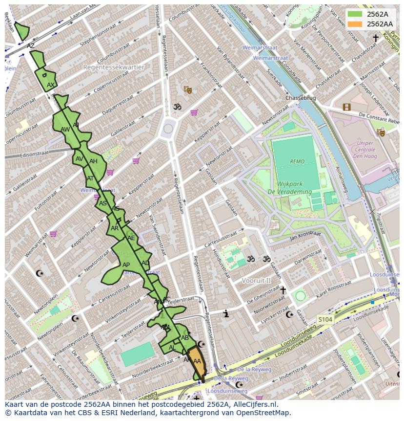 Afbeelding van het postcodegebied 2562 AA op de kaart.