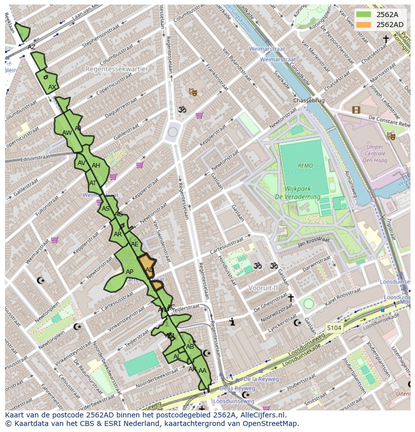 Afbeelding van het postcodegebied 2562 AD op de kaart.