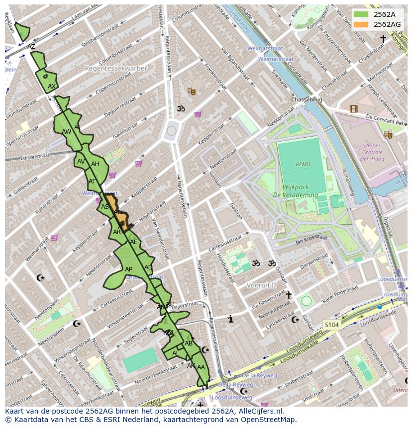 Afbeelding van het postcodegebied 2562 AG op de kaart.