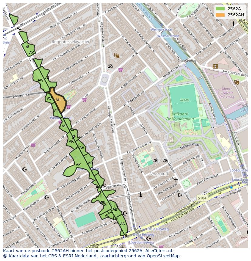 Afbeelding van het postcodegebied 2562 AH op de kaart.