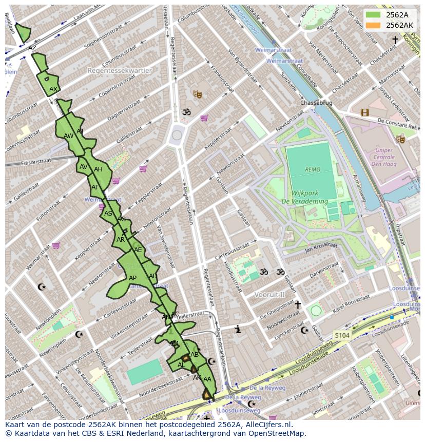 Afbeelding van het postcodegebied 2562 AK op de kaart.