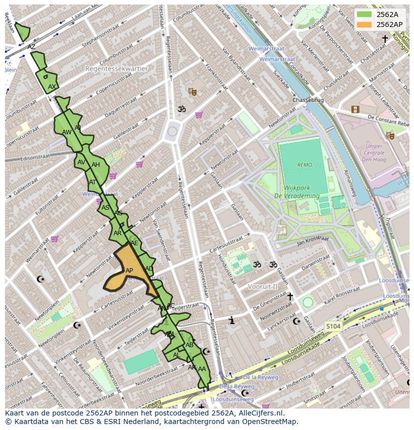 Afbeelding van het postcodegebied 2562 AP op de kaart.