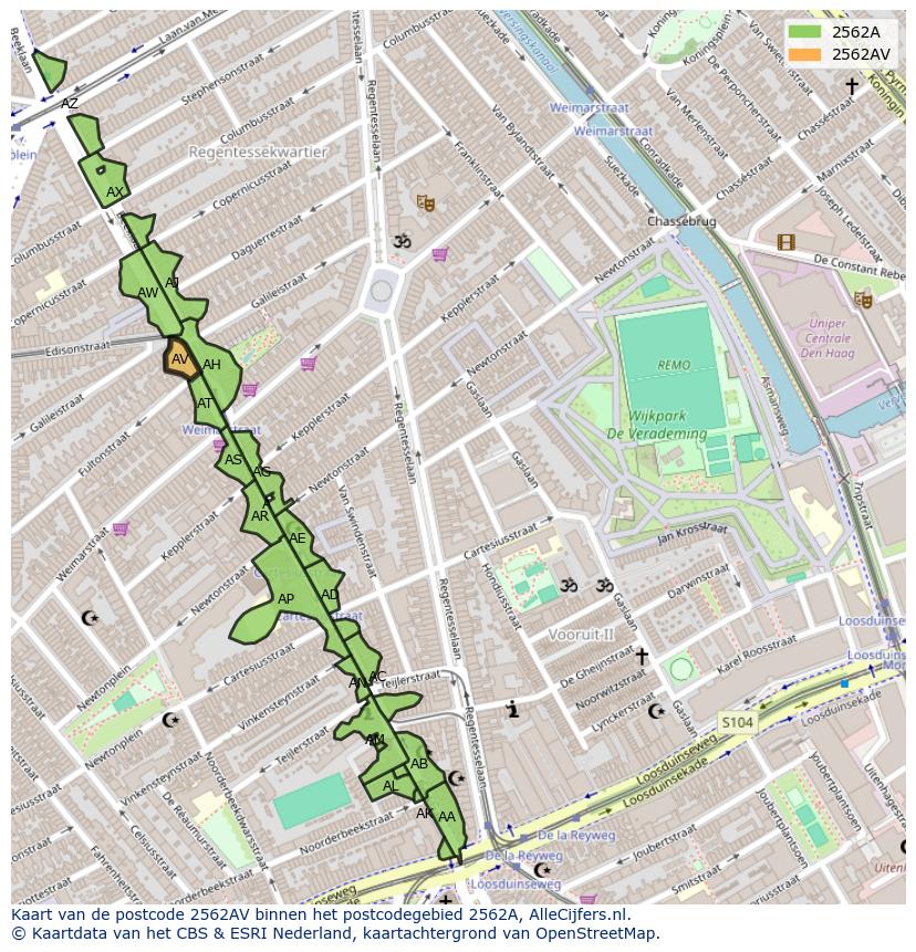 Afbeelding van het postcodegebied 2562 AV op de kaart.