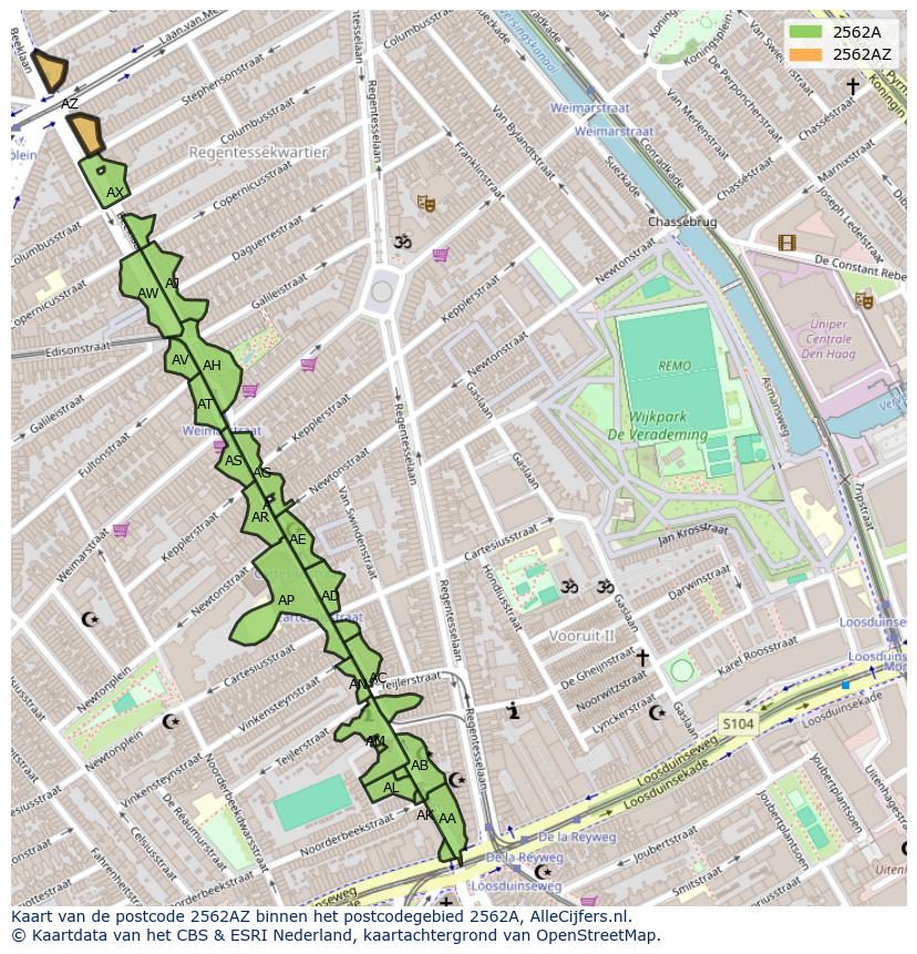 Afbeelding van het postcodegebied 2562 AZ op de kaart.