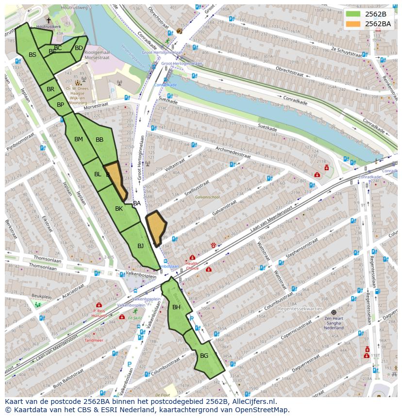 Afbeelding van het postcodegebied 2562 BA op de kaart.
