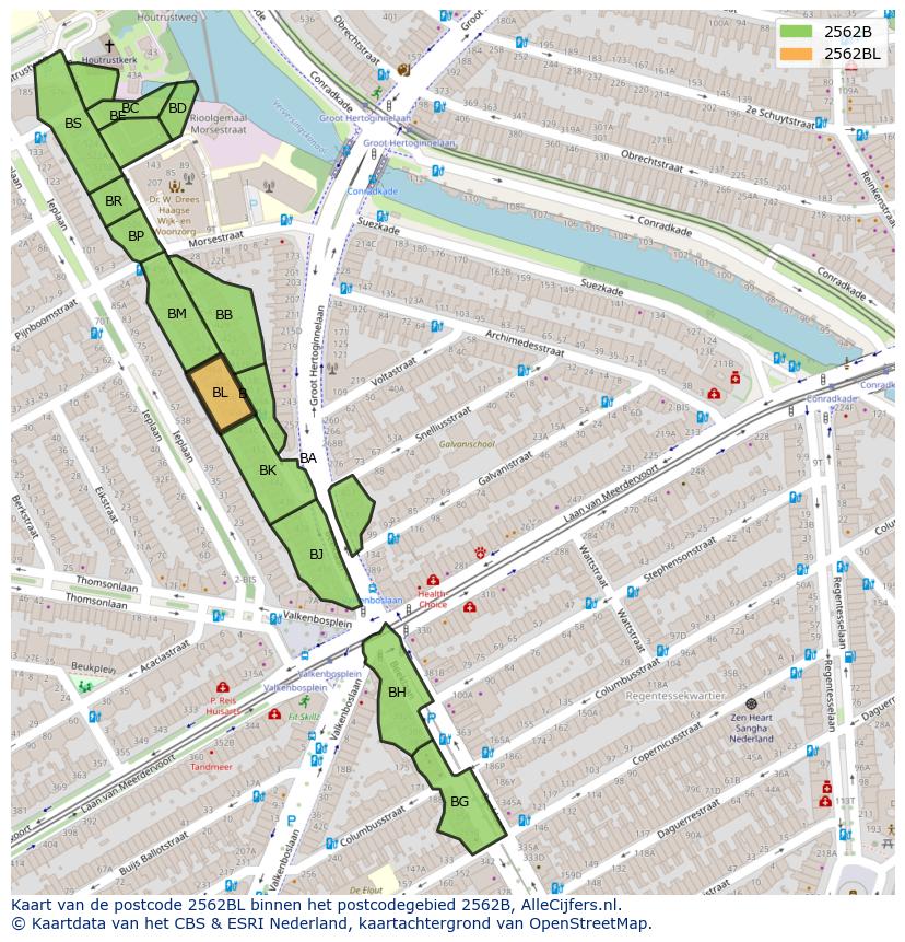 Afbeelding van het postcodegebied 2562 BL op de kaart.