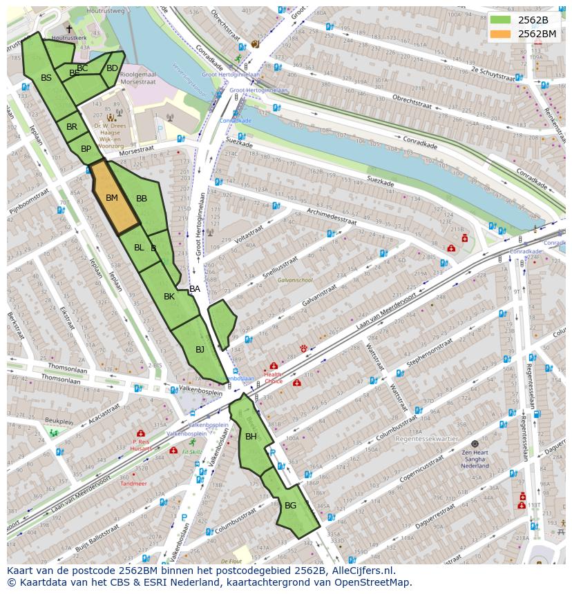 Afbeelding van het postcodegebied 2562 BM op de kaart.