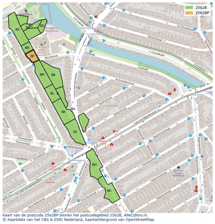 Afbeelding van het postcodegebied 2562 BP op de kaart.