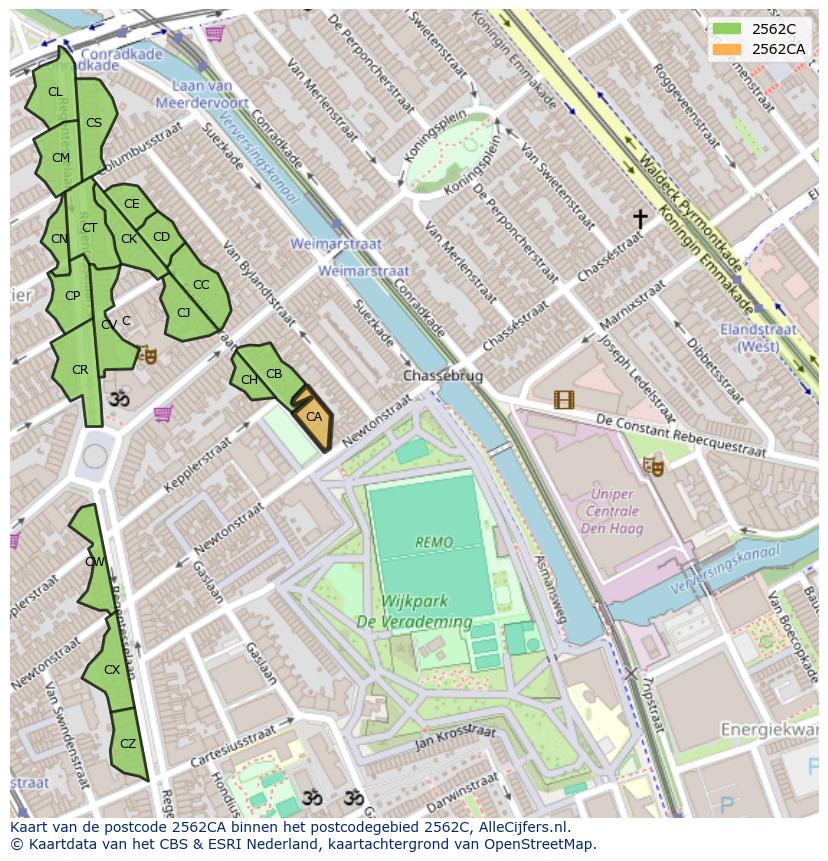 Afbeelding van het postcodegebied 2562 CA op de kaart.