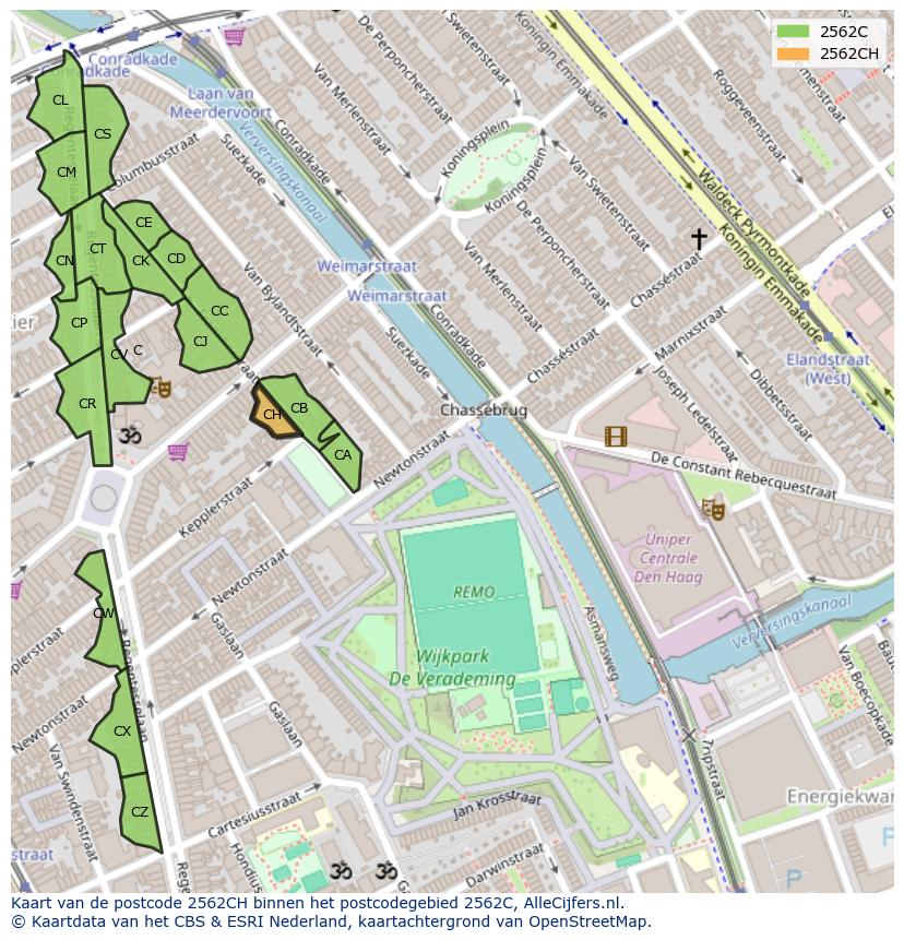 Afbeelding van het postcodegebied 2562 CH op de kaart.